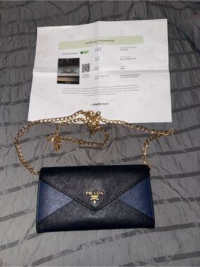 Prada Black and Navy Saffiano Leather Envelope Crossbody Wallet with Gold Chain